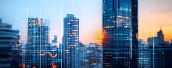 Skyscrapers pierce the sky with digital overlays at dusk