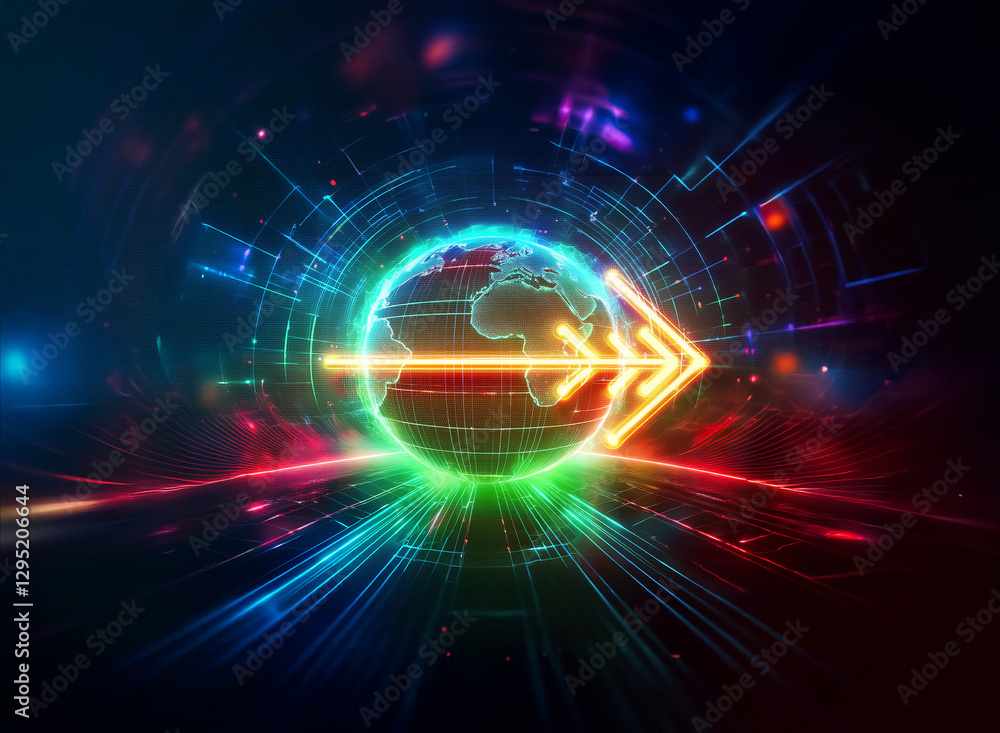 Poster vibrant double exposure image of a glowing globe pierced by a neon arrow. digital lines and rays ema