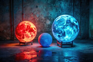 Futuristic Moon Lamps: Red & Blue Glowing Concrete Room Portrait Photography
