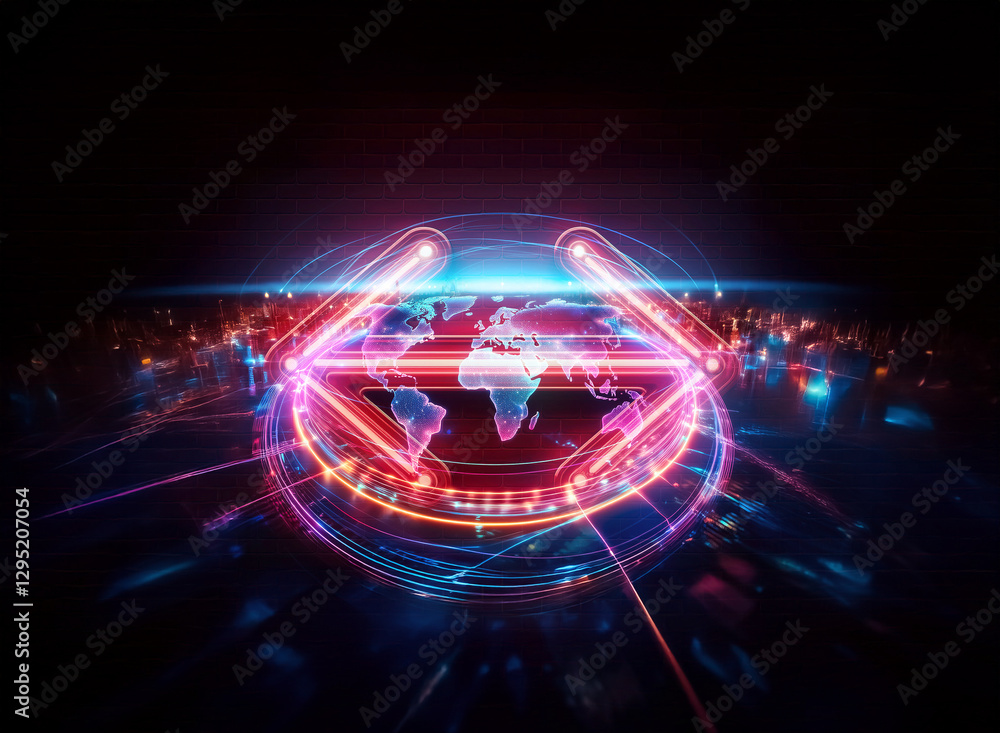 Poster futuristic double exposure world map with vibrant neon lights and glowing lines creating a dynamic a