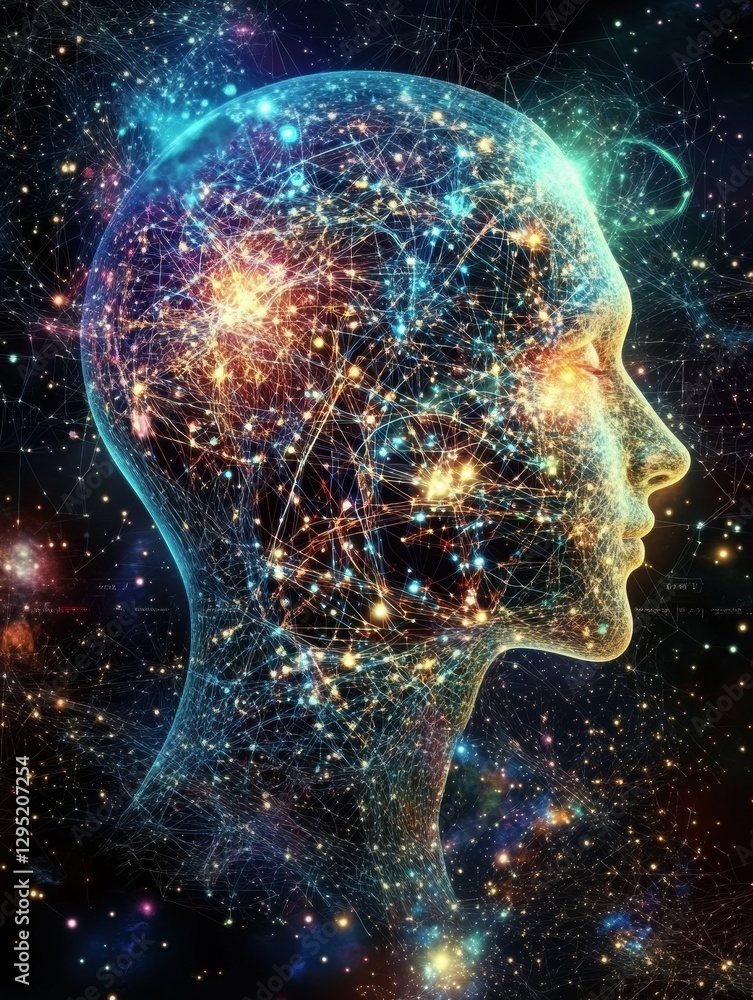 Poster Human head silhouette with interconnected AI nodes and cosmic cyberpunk background in a digital fractal pattern. Generative AI