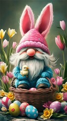 Happy Easter Gnome with Bunny Ears and Chick in Basket of Eggs