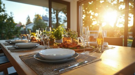 Fototapeta premium Rustic evening feast with bamboo dinnerware sets on a dining table bathed in warm light outdoor setting high-quality photography