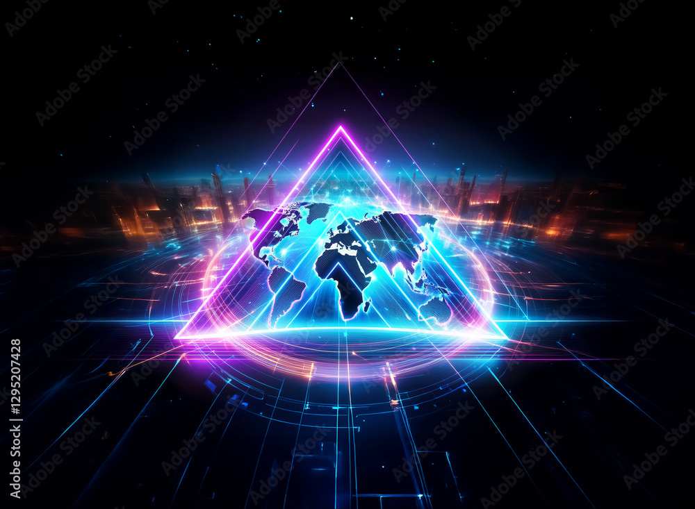 Aufkleber a double exposure image blends a world map within a vibrant neon triangle. digital lines radiate out