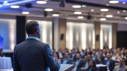 Speaker giving a talk at a corporate business conference. Audience in auditorium hall with presenter in front of presentation screen. Corporate executive giving speech during entrepreneur seminar