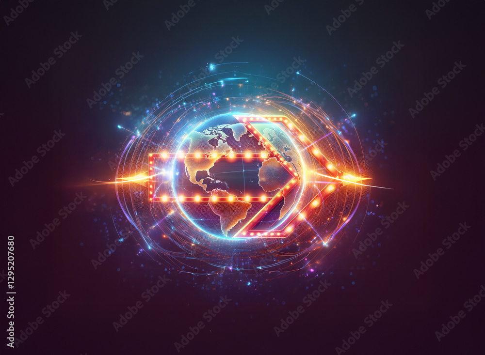 Poster abstract glowing globe with double exposure, surrounded by rings and particles. futuristic style wit