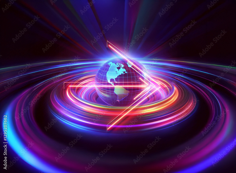 Poster globe with triangle frame in glowing rings, creating a double exposure effect with radiating light. 
