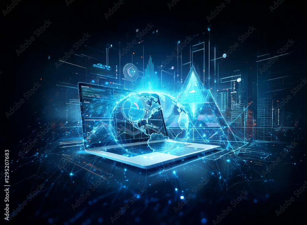 Poster a double exposure image shows a laptop displaying a digital globe, illuminated with blue light effec