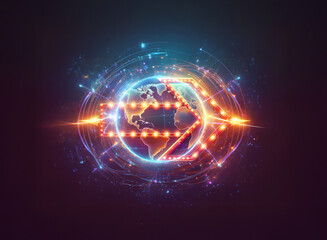 Obraz premium Abstract glowing globe with double exposure, surrounded by rings and particles. Futuristic style with bright light effects creates a technological feel.