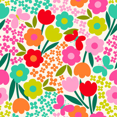 Colorful cute floral and butterfly seamless pattern design for spring season background.