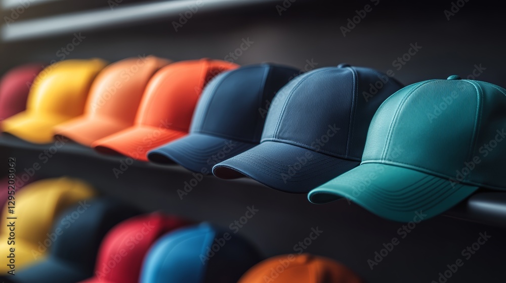 Poster a vibrant display of colorful hats neatly arranged on a shelf, showcasing a variety of styles and sh