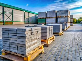Gray Paving Slabs Stacked on Pallets - Warehouse Inventory, Road Repair, Tile Sales