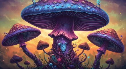 Enchanted Mushroom Forest: A whimsical journey into a surreal landscape of giant glowing fungi, intricate clockwork details, and a magical sunset sky.