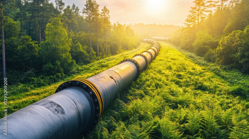 Poster gas pipelines stretch through a lush green forest under the warm glow of the setting sun. generative
