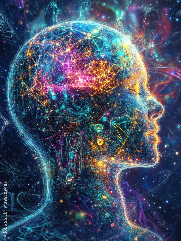 Leinwandbilder human head silhouette filled with glowing ai nodes and fractal patterns in a cosmic cyberpunk backdr