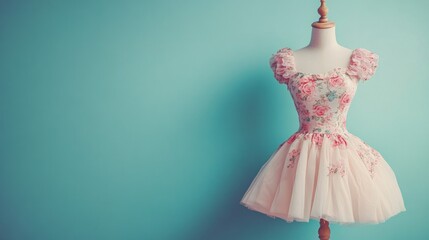 Obraz premium Floral dress on mannequin, teal backdrop