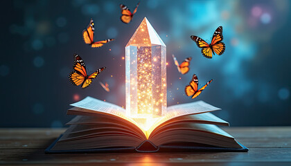 Magical Glowing Book with Butterflies for Fantasy Websites Educational Materials Reading Promotion Creative Projects