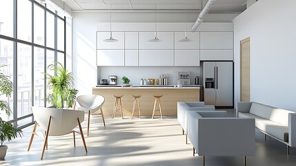Modern Office Break Room Design: Minimalist Kitchen and Lounge Area with Abundant Natural Light