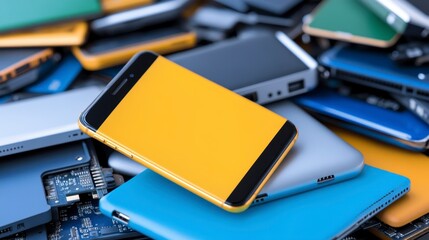 Vibrant Mobile Devices Piled in Chaotic Arrangement on Table