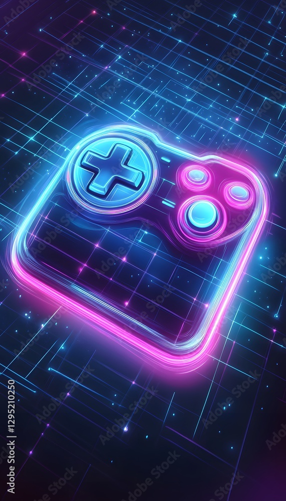 Poster glowing neon game controller floats on futuristic tech grid