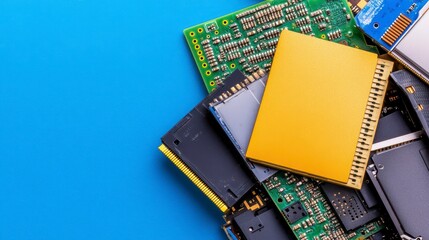 Colorful Electronic Components Piled on Bright Blue Background