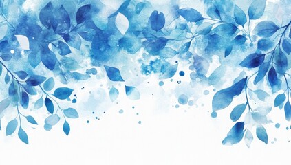 Watercolor blue leaves border, abstract design, soft colors, white background