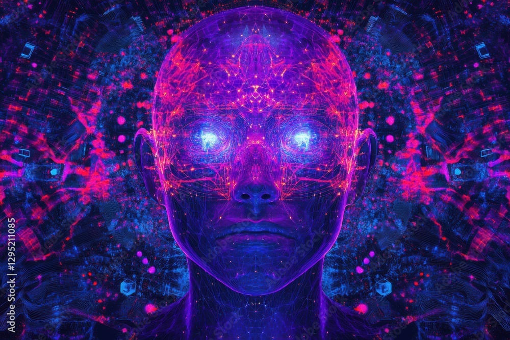 Aufkleber Interconnected AI nodes form a glowing silhouette against a cosmic cyberpunk background. Generative AI