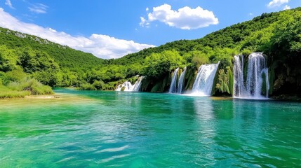 Naklejka premium Stunning Waterfall Cascading into Turquoise Lake in Lush Green Landscape
