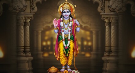 Lord Rama, the Seventh Avatar of Vishnu, Depicted in Regal Attire, Holding his Bow and Arrow