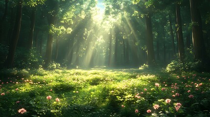 Obraz premium Sunbeams illuminate forest path, floral meadow, peaceful background, nature scene