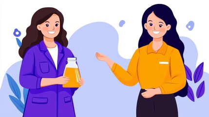 Fototapeta premium Two Women Engaged in Conversation with a Science Jar in Office
