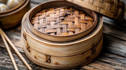 Steamed dumplings, bamboo steamer, wooden table, chopsticks in background. Use for food, Asian cuisine