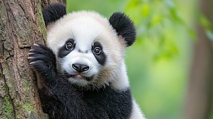 Obraz premium Adorable baby panda climbing tree in lush green environment
