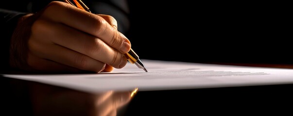 Hand Engaged in Writing on a Document with Pen in Dark Ambience Light Illuminating Paperwork