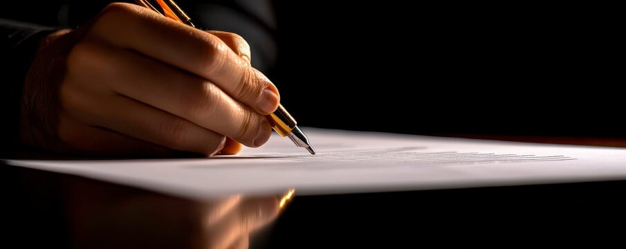 Hand Engaged in Writing on a Document with Pen in Dark Ambience Light Illuminating Paperwork