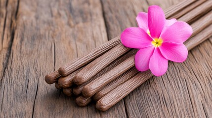 Incense Sticks with Pink Flower on Rustic Wooden Background