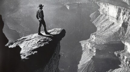 Fototapeta premium Monochrome contemplation, figure on cliff edge surveys a vast canyon landscape