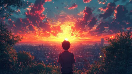 Obraz premium Watching Sunset Over Urban Skyline From Hilltop Vantage Point with Dramatic Clouds
