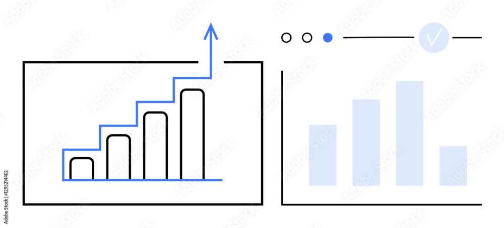 Aufkleber bar chart with rising arrow indicating growth, alongside bar graph and navigation dots. ideal for bu