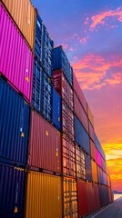 Fototapeta premium Colorful Shipping Containers Stacked High at Port under Beautiful Sunset Sky Logistics and Trade