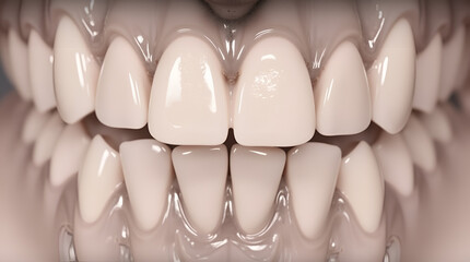 close-up view set of teeth smooth pale surface likely dental prosthesis mock-up dental concept primer plano conjunto de dientes superficie lisa pálida probable prótesis dental maqueta concepto dental