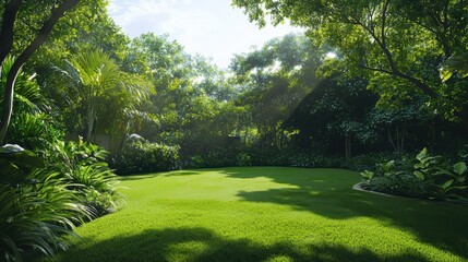 Fototapeta premium Lush greens in a vibrant garden bathed in bright sunlight nature scene elevated perspective tranquil environment