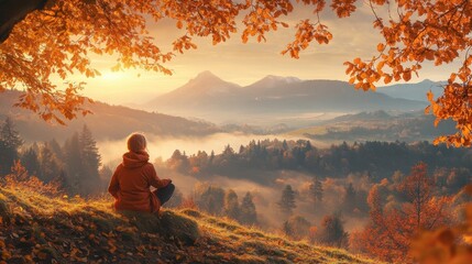 Obraz premium Woman meditates on autumn mountain peak, overlooking misty valley at sunrise. Perfect for themes of peace, tranquility, and the beauty of fall.