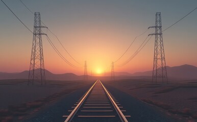 Sunset train tracks desert power lines landscape
