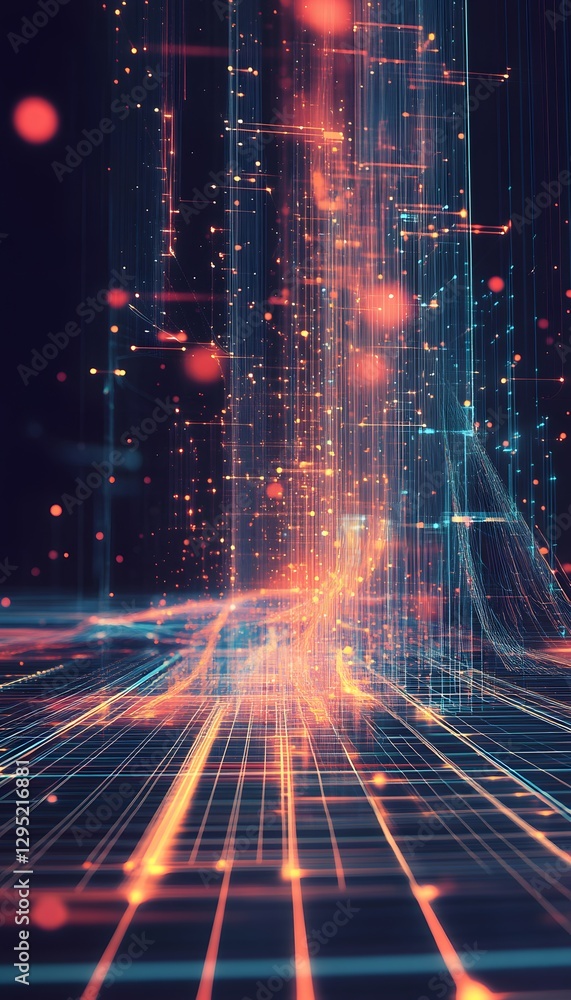 Poster abstract technological landscape with glowing grid and cascading particles