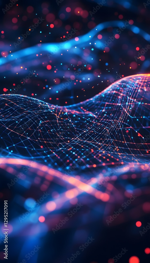 Poster abstract interconnected digital network with glowing nodes and bokeh effect