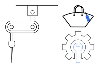 Robotic arm with needle stitching fabric, large handbag with price tag, and gear with wrench inside. Ideal for automation, fashion, retail, industry, maintenance, technology and precision