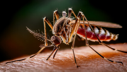 Naklejka premium Aedes aegypti Mosquito. Close up a Mosquito sucking human blood.Dengue, Chikungunya, Mayaro, Yellow fever (dengue, zika, yellow fever mosquito)