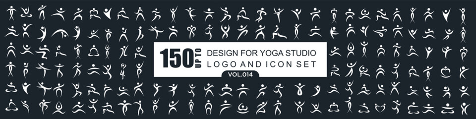 Naklejka premium Abstract people logo design. sports, Gym ,fitness, running trainer icon set vector illustration