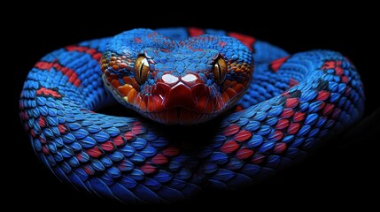 Fototapeta premium Vibrant blue and red snake coiled on black background